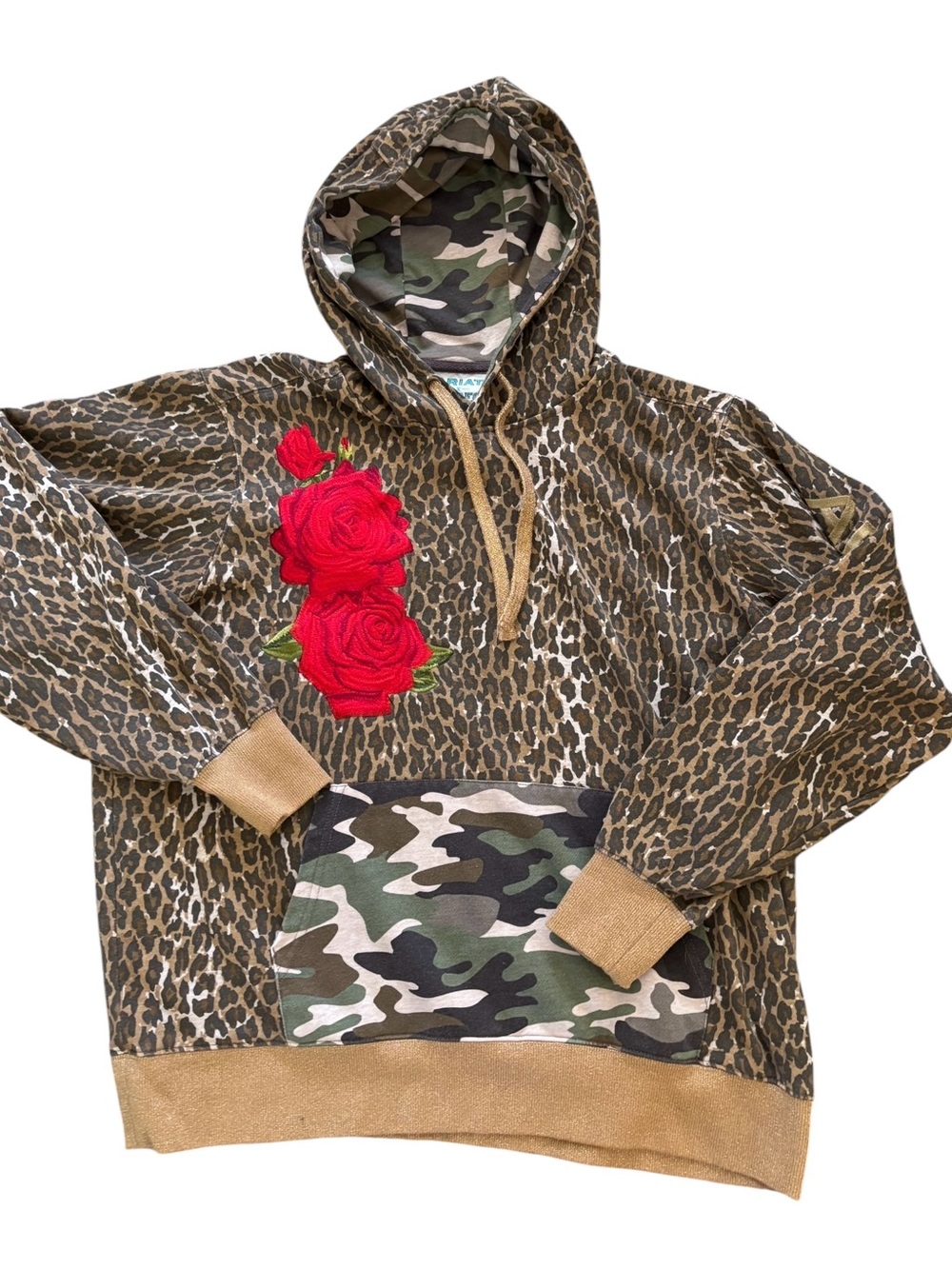 Ariat x Rodeo Quincy Hoodie XL Leopard Print Camo & Embroidered Rose Logo Sleeve